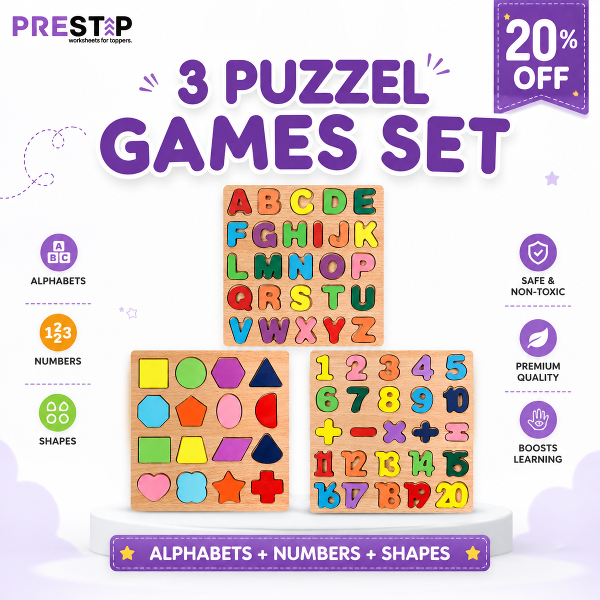 3 Learning Puzzle Toys Set | Alphabets, Numbers and Shapes